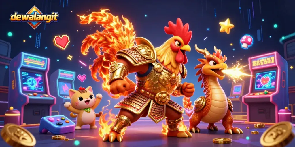 dewalangit menghadirkan ilustrasi 3D skuad ayam petarung dalam bertarung di arena, dikelilingi elemen permainan arcade.