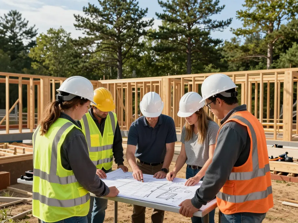 Construction company in Maine team collaborating on project plans in a sunny outdoor setting.