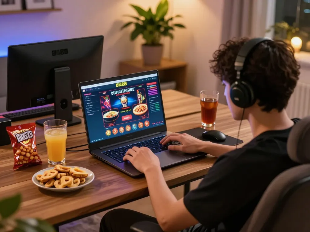 Player engaging with BK88 online gaming interface at a cozy home setup, showcasing comfortable gaming experience