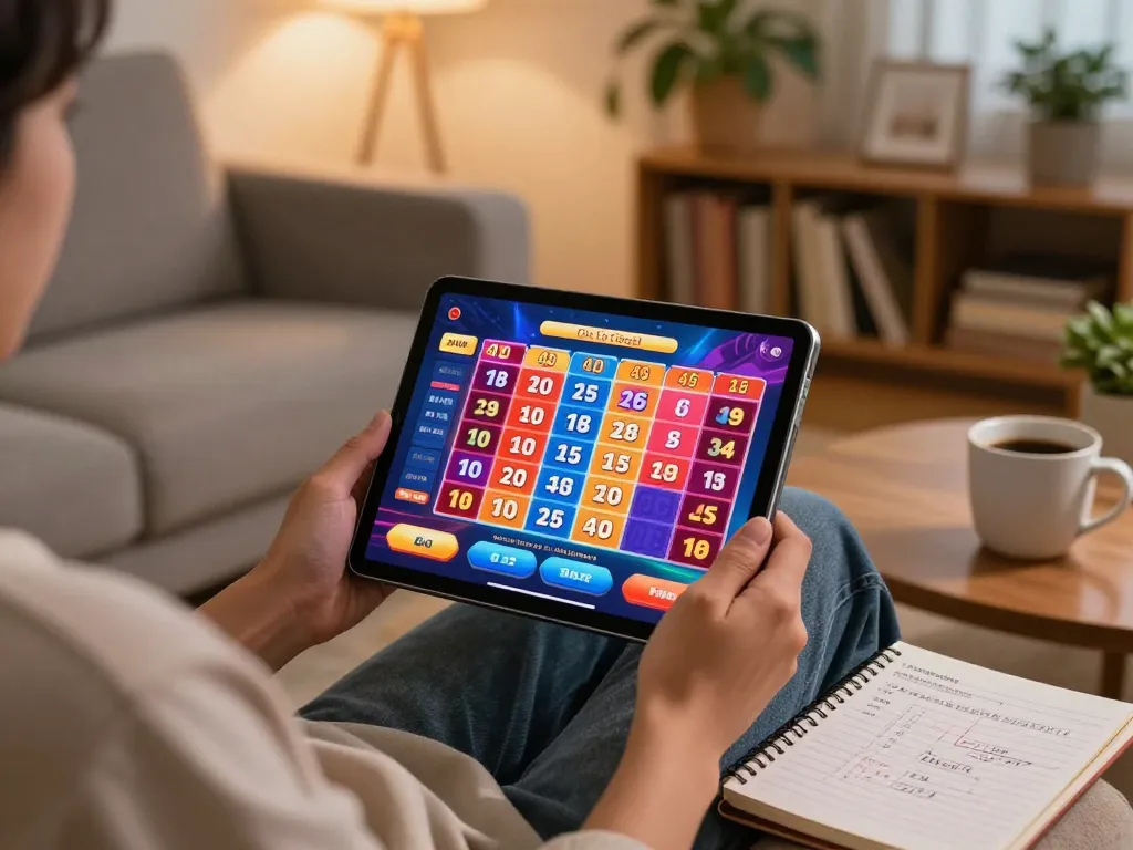 A person engaging in online gambling with agen toto terpercaya on a tablet, showcasing 4D lottery numbers.