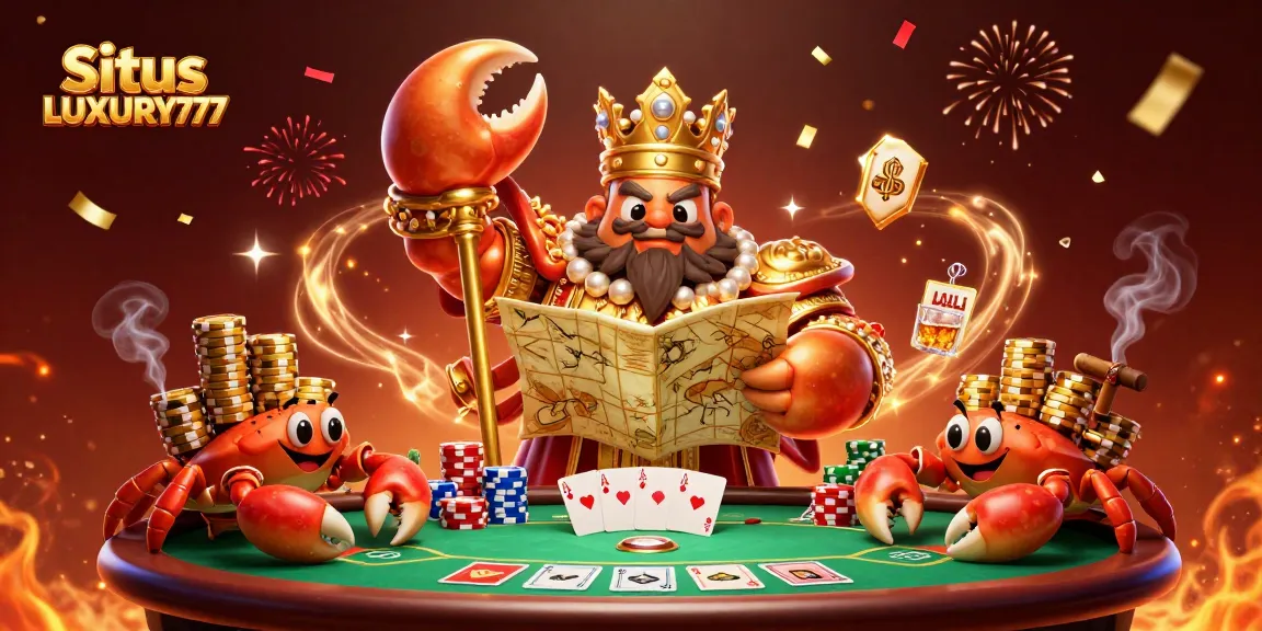 Situs LUXURY777 menampilkan ilustrasi kasino dengan kepiting raksasa dan elemen poker yang memikat.