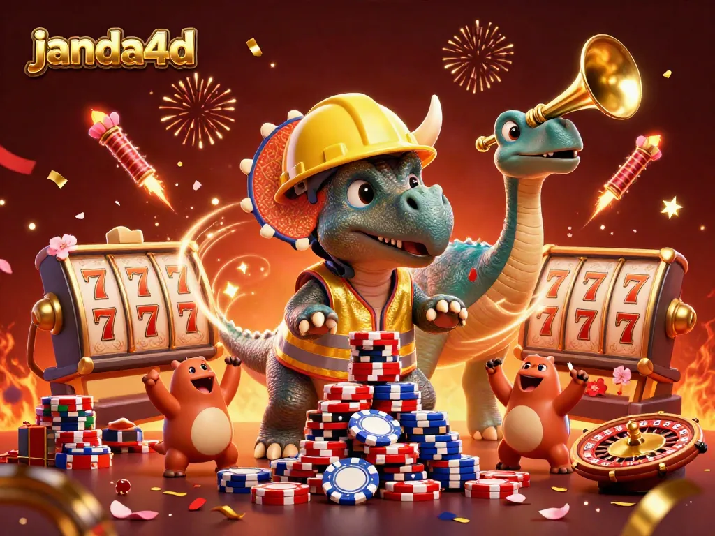 Gambarkan keseruan bermain janda4d dengan dinosaur 3D yang membangun tumpukan chip poker.