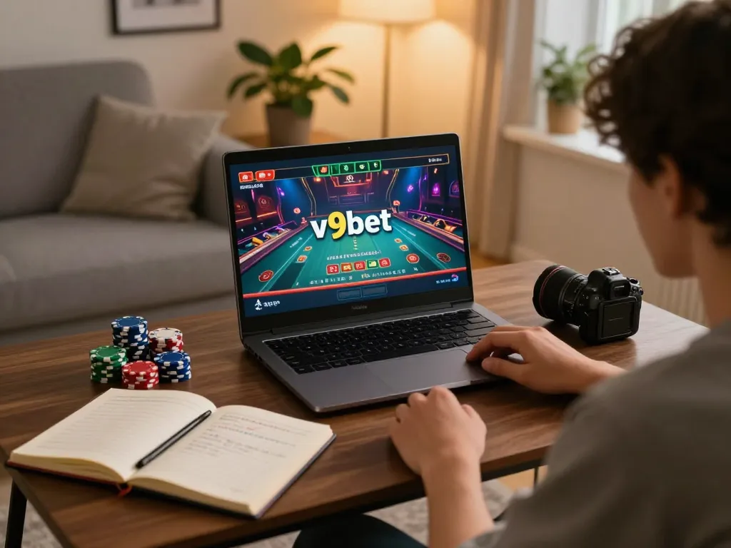 Player enjoying v9bet gaming session on laptop in cozy home setting with chips and strategies.
