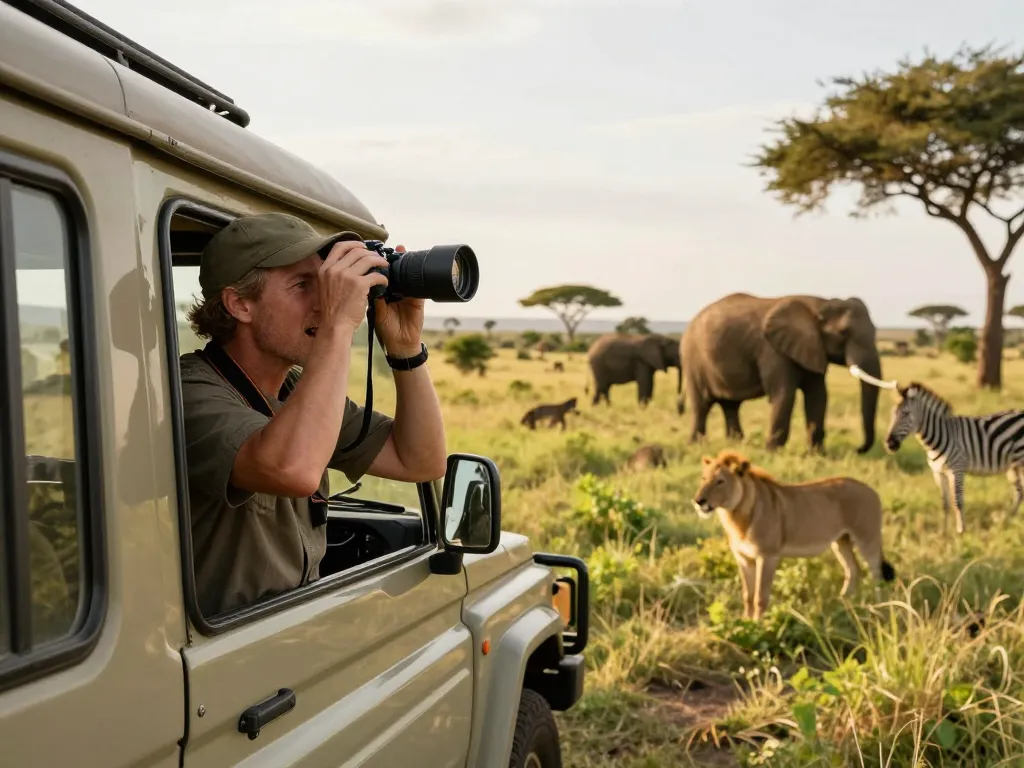 Best Tanzania adventure tours showcasing a traveler on a safari observing wildlife under golden hour light.