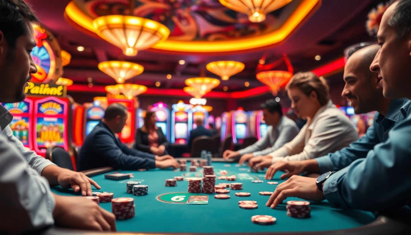 Aksi permainan kasino bbni4d dengan meja poker berwarna-warni dan suasana cerah.