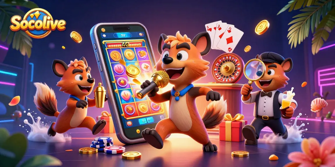 Socolive offers an engaging comedy casino experience, featuring hyenas performing stand-up in a vibrant gaming environment.