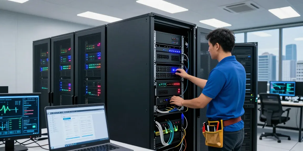 Web hosting reliability showcased at https://migliorhosting.info/ with server technician optimizing performance in a modern server room.