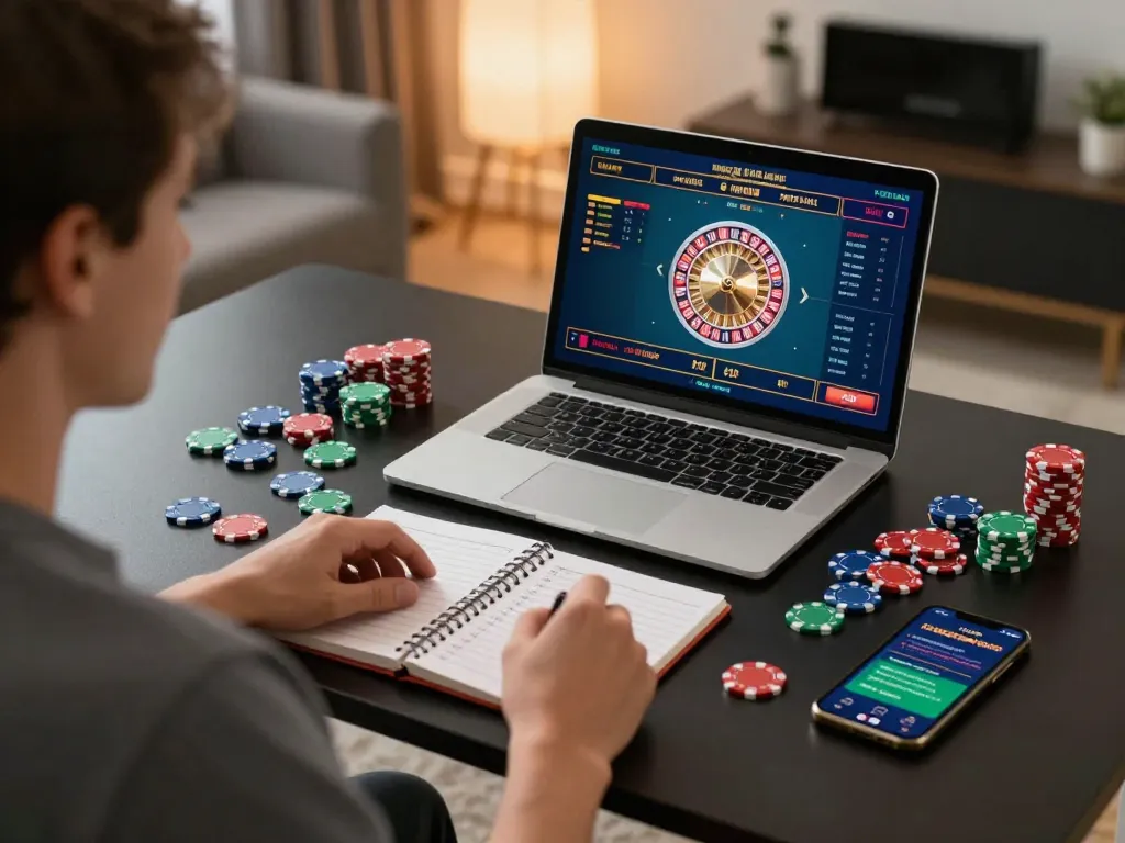 Engaging in online casinos in Canada with a laptop open to a roulette game and strategic notes.