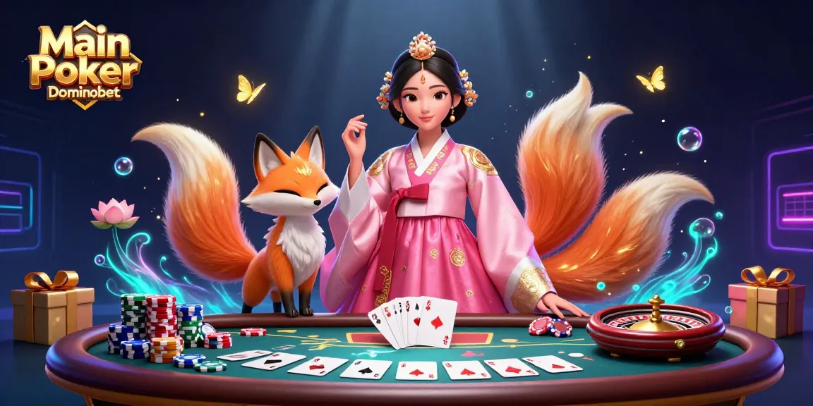 Main Poker Dominobet features a graceful woman in a hanbok amidst a vibrant poker scene, illustrating high-stakes excitement.