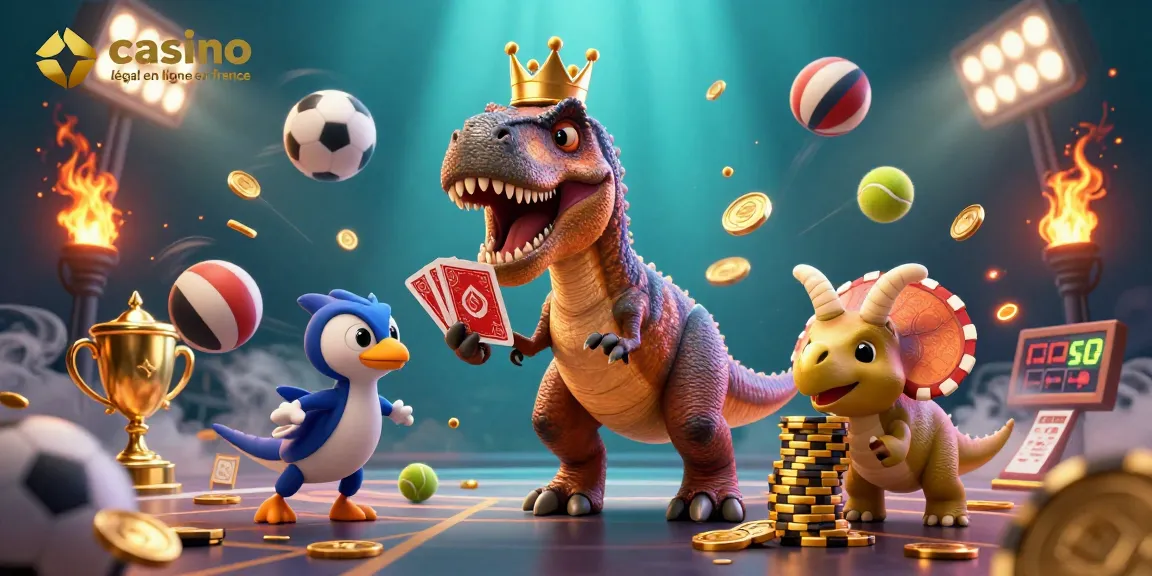 Jouer sur un casino légal en ligne en France avec un T-Rex qui distribue des cartes et un triceratops empilant des jetons d'or.