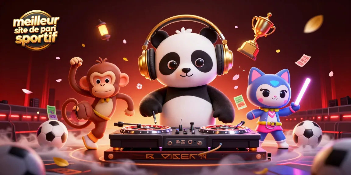 Scène animée pour le meilleur site de pari sportif, avec un panda DJ et des éléments de sport.