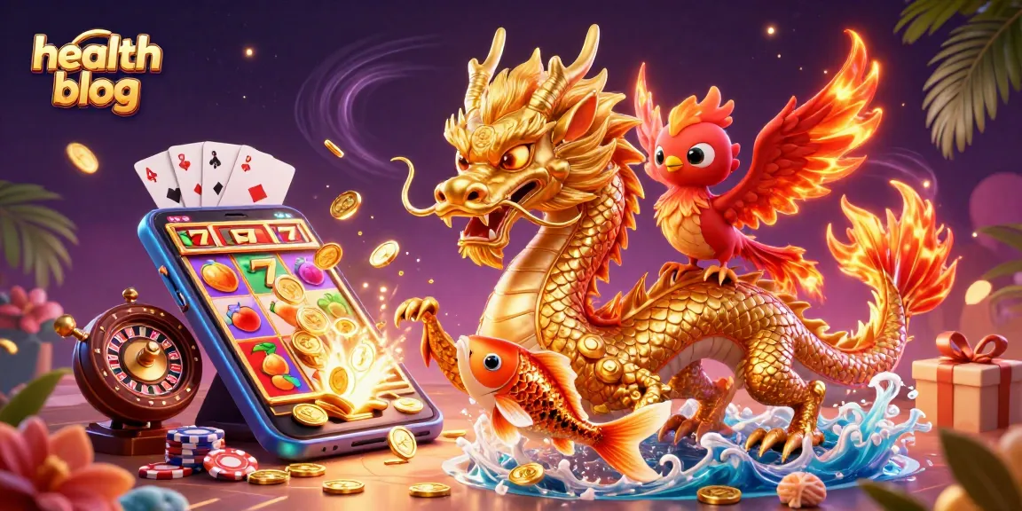 Engage with the health blog through a dynamic casino scene showcasing luck with golden dragon and koi fish.