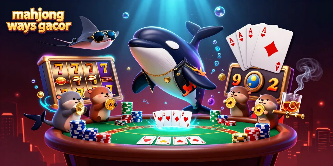 Engaging scene of mahjong ways gacor with 3D orca, stingray, and otters celebrating wins with vibrant casino elements.