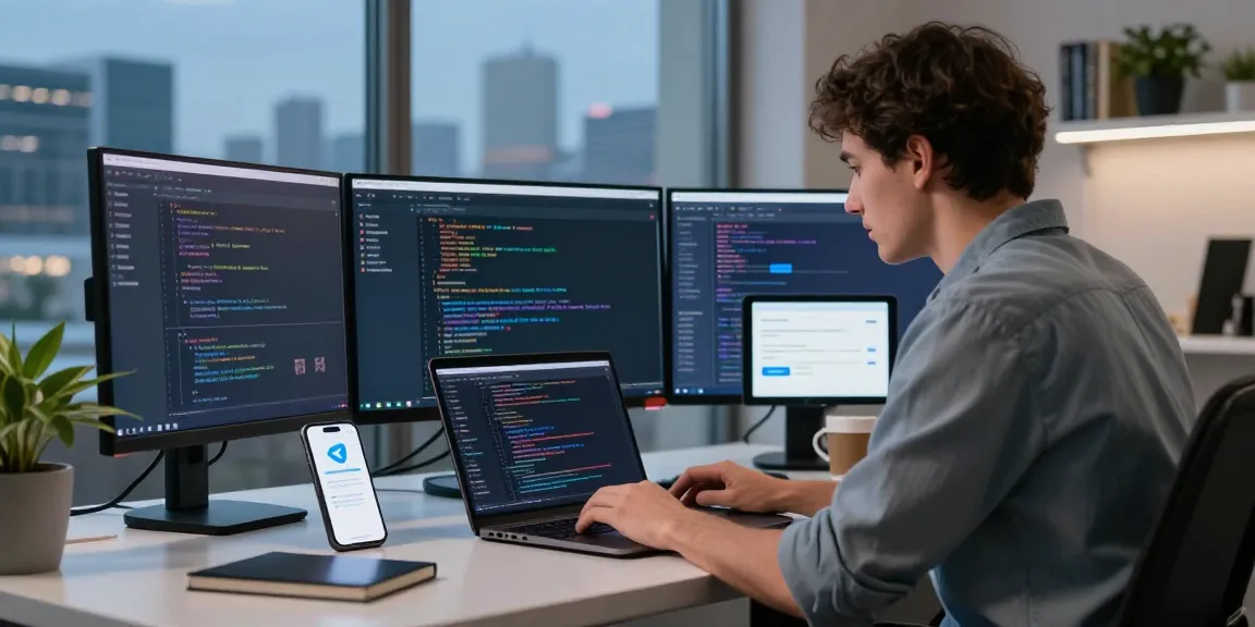 Developer engaged in coding at a modern workspace showcasing telegram官网 features amidst a vibrant city view.