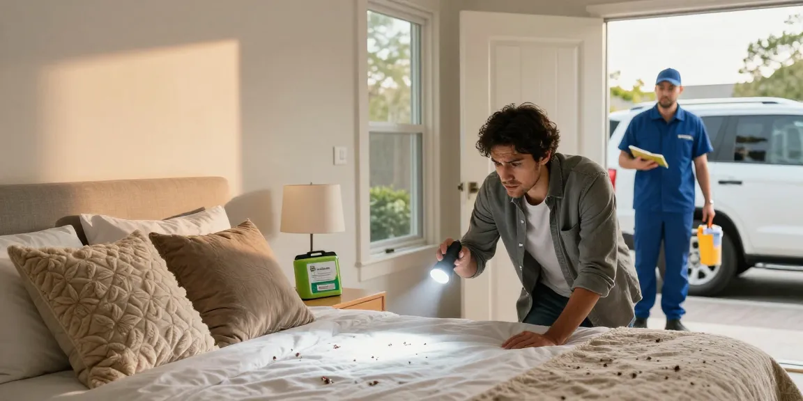 Homeowner preparing for bed bug removal with exterminator arriving in unmarked vehicle.