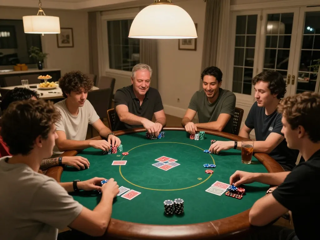Friends playing poker at home with chips and cards, experiencing excitement with vipwin gaming