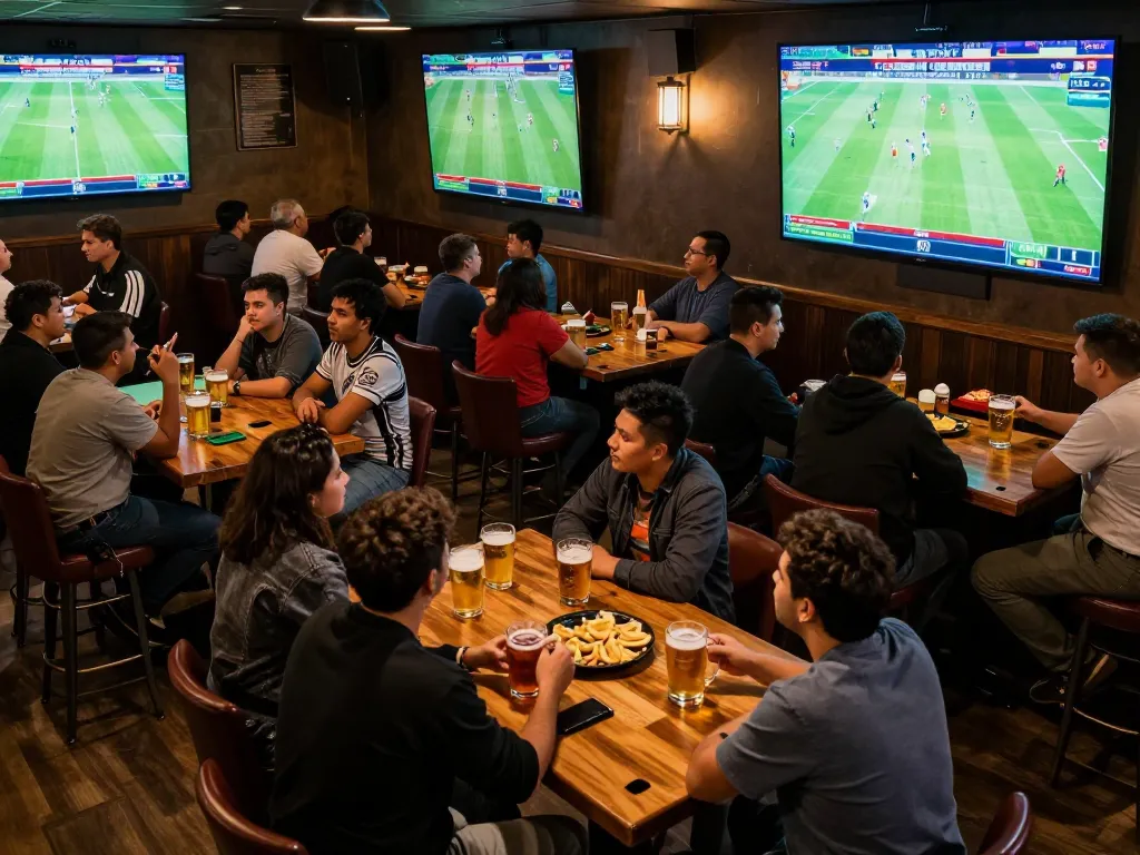 Engaged sports bettors analyzing football predictions in a lively sports bar atmosphere.