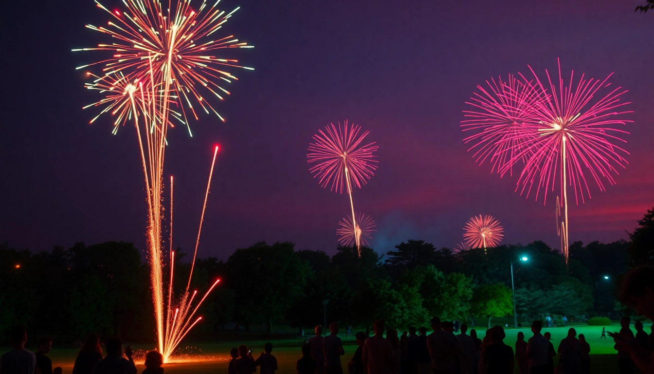 Colorful fireworks uk celebration illuminating night sky over a joyous crowd.