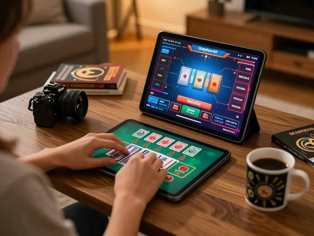 Engaged player using dagelan4d alternatif for online gaming on a tablet, showcasing vibrant casino graphics