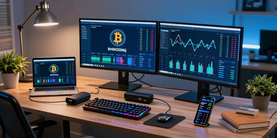 Bitcoin mining platform workspace with monitors showing cryptocurrency statistics and mining performance metrics.