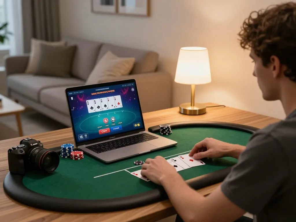 Engaging in online poker at home with ax88 gaming interface, showcasing a cozy and strategic setup.