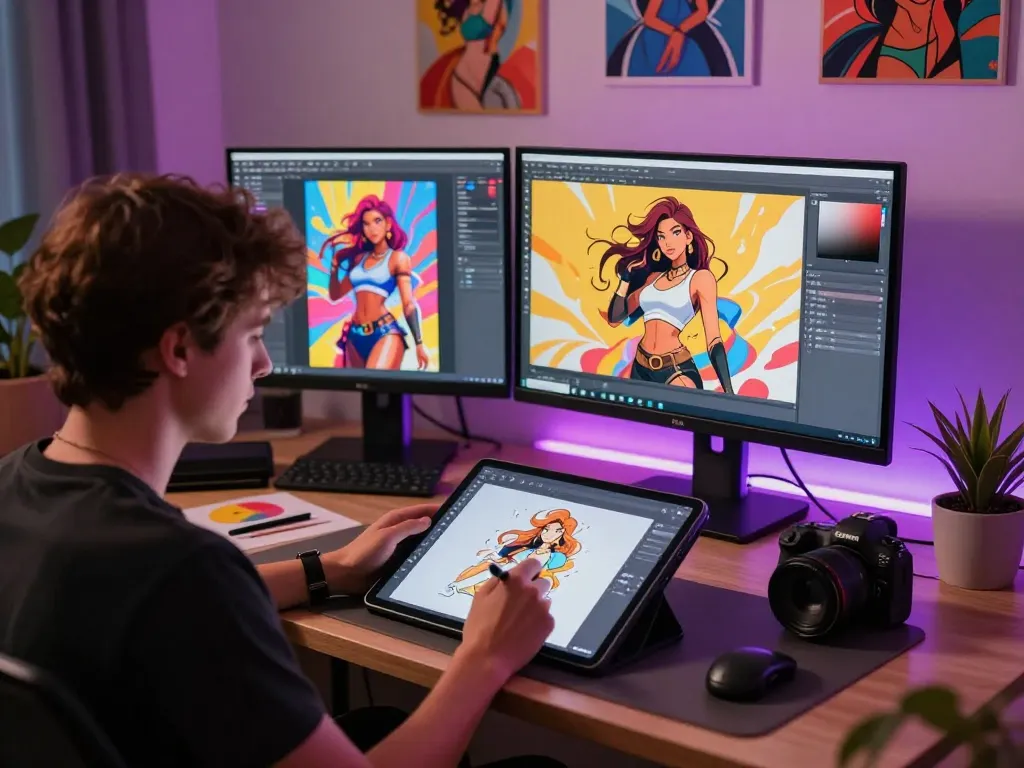 Creative artist illustrating NSFW AI character designs in a modern studio.