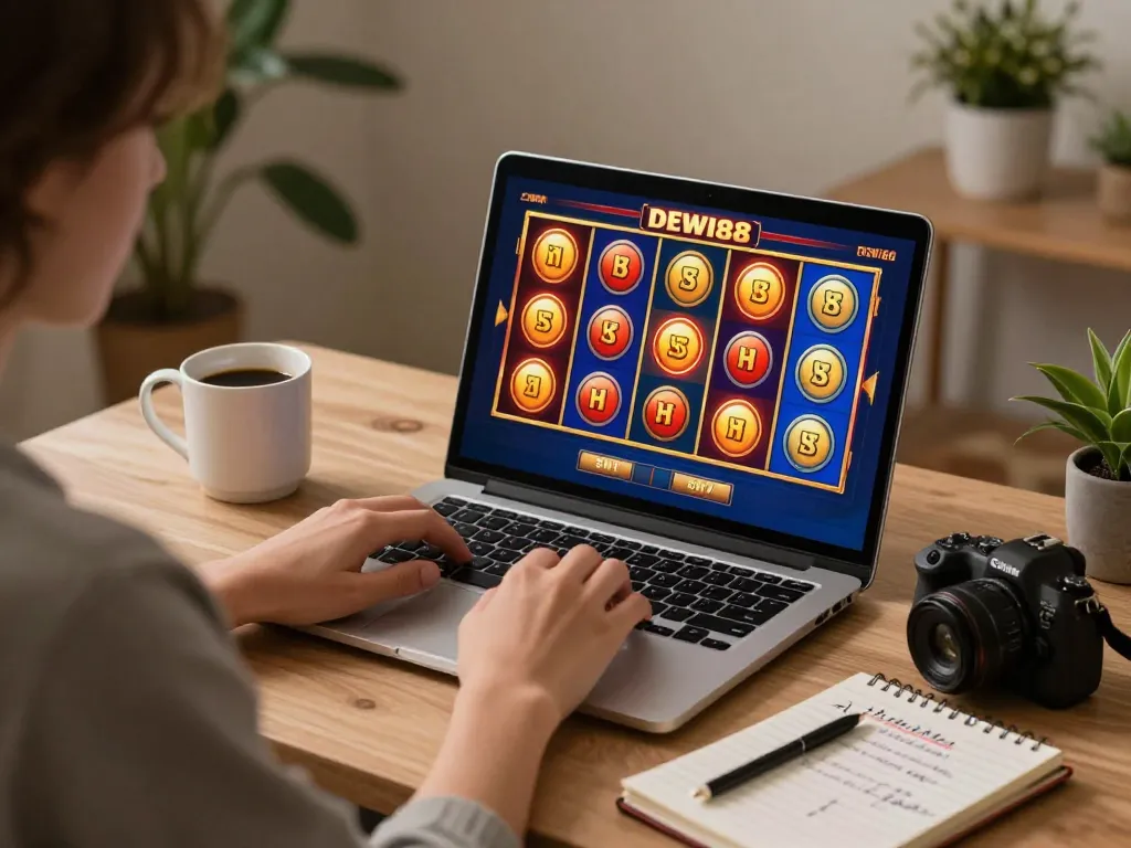 Pemain menikmati slot online DEWI88 di meja yang nyaman dengan catatan strategi.