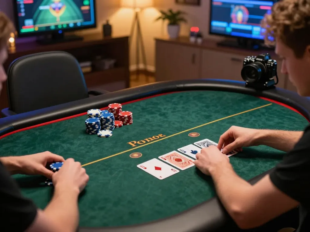 Engaged players strategy in iWin online poker game with stacked chips and cards laid out