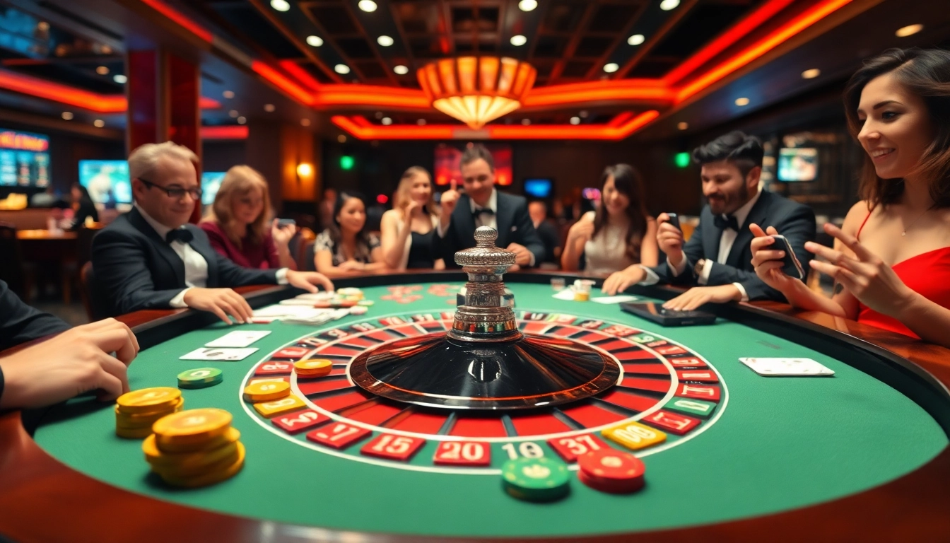 Engaged players enjoying games at a Non gamstop casino with vibrant roulette table.