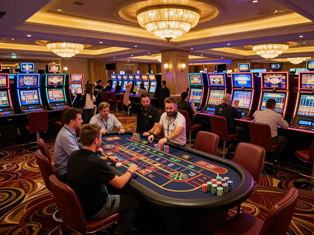 C168 players enjoying vibrant casino atmosphere with roulette table and colorful slot machines.
