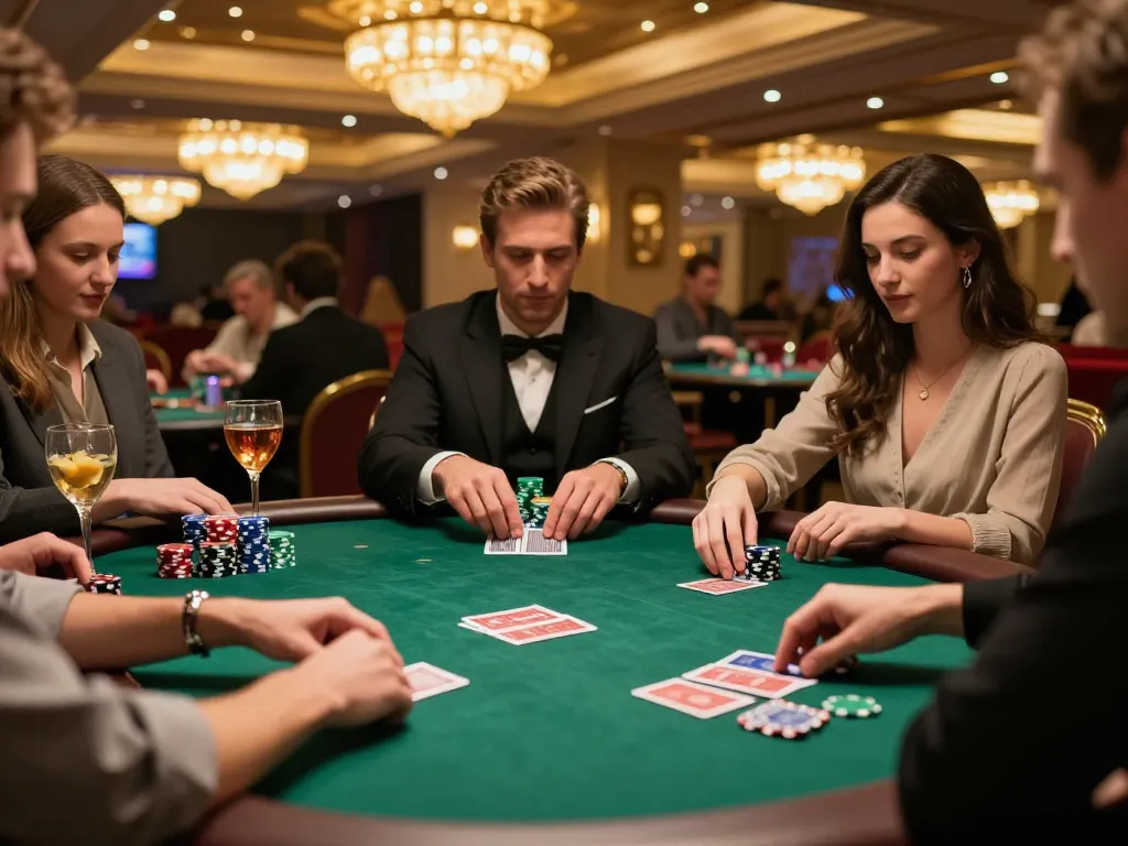 M88 mới nhất hôm nay người chơi poker tận hưởng một trò chơi kịch tính tại bàn casino sang trọng