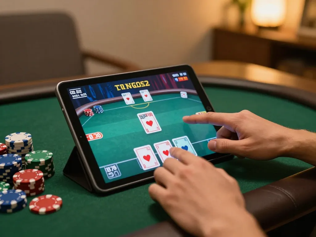 Engaging online poker strategy session on a tablet, showcasing lucky88i gameplay.