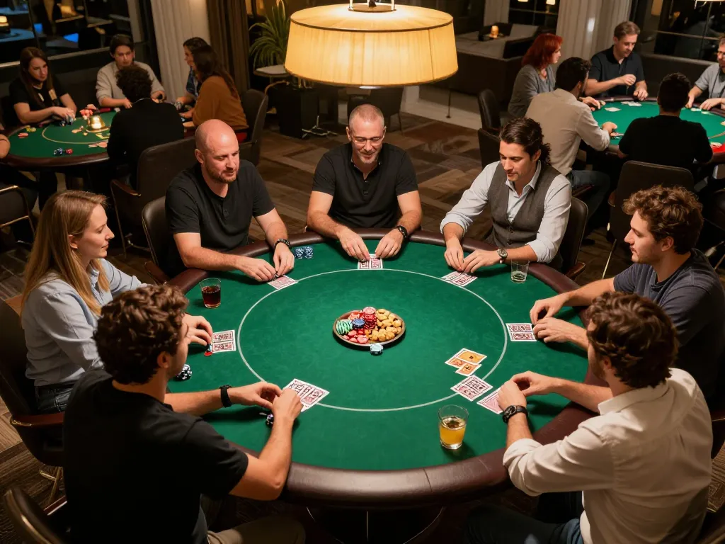 Players enjoying a lively poker night at home, highlighting the social aspect of gambling with 888top.