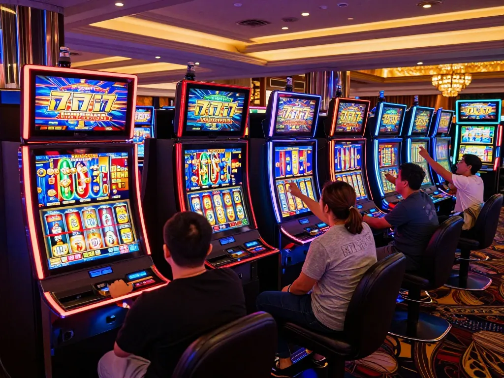 Players engaging with various slot777 machines in a vibrant casino atmosphere.