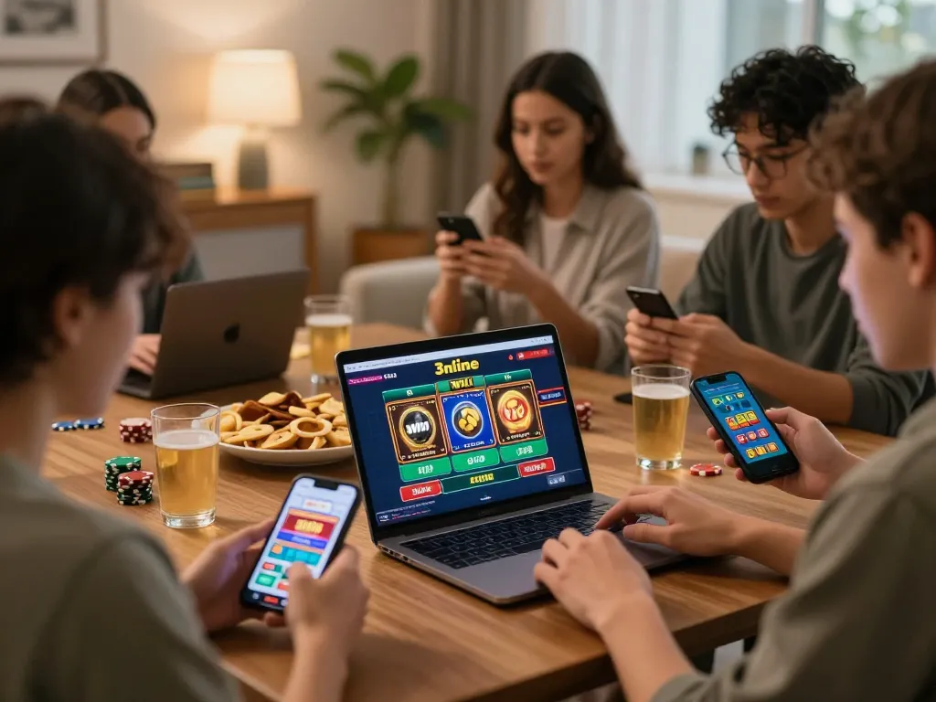 Players engaging with the 3win online casino interface during a lively home game night.