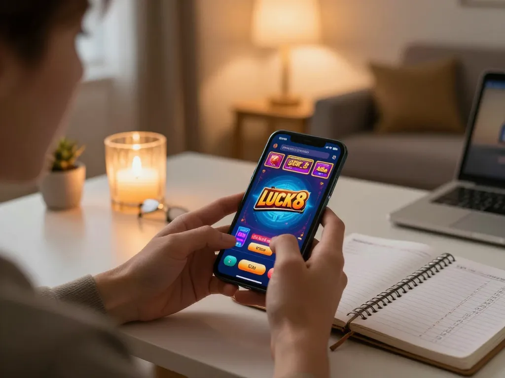 LUCK8 player engaging with mobile casino app during cozy home gaming session