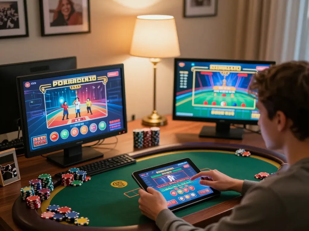 Engaging online gaming session for thabet, displaying a user immersed in casino games with poker chips and screens.
