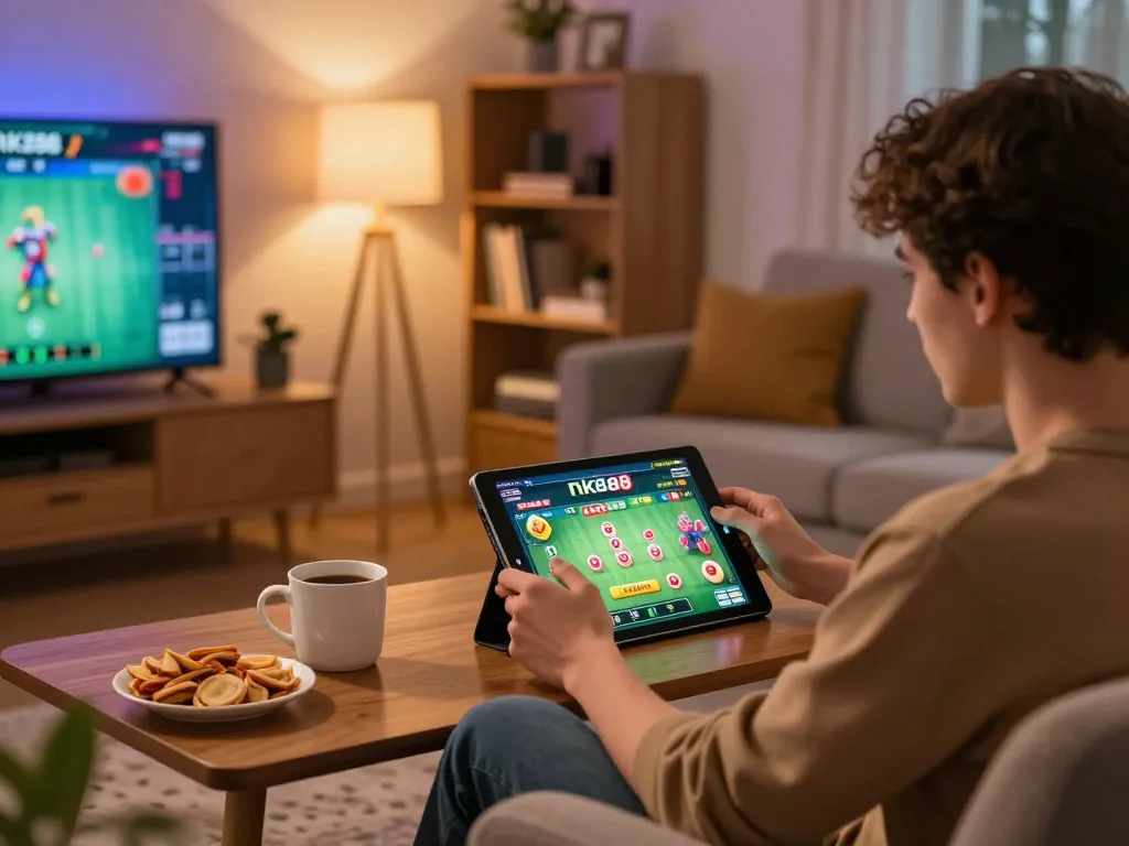 Engage in nk88 online lottery gaming, showcasing a cozy home setup with a tablet and snacks.