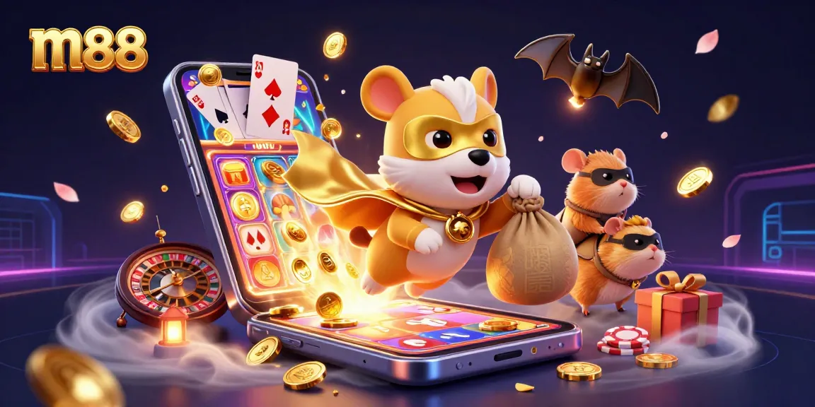 m88 slot game features a superhero dog delivering gold coins amidst vibrant casino elements