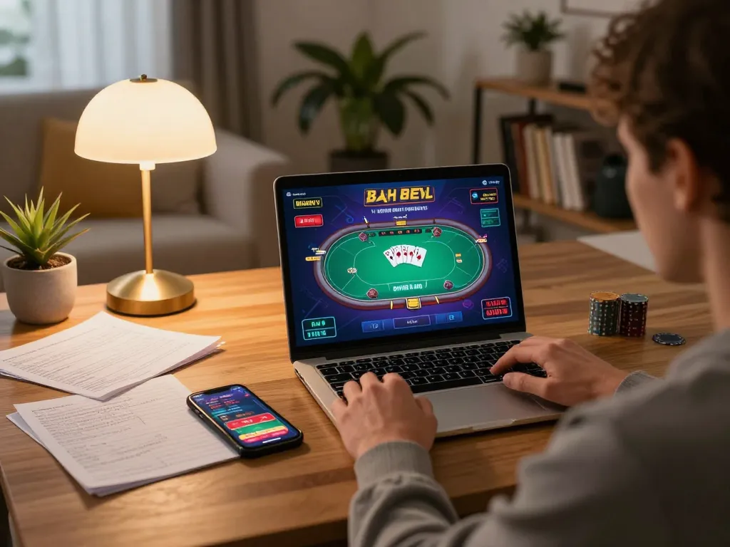 Engaging in online casino gameplay with LC99, showcasing immersive poker action in a cozy setup.