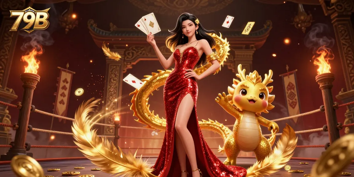 Engage in thrilling gameplay with 79B's vibrant casino experience featuring a glamorous woman and golden dragon.