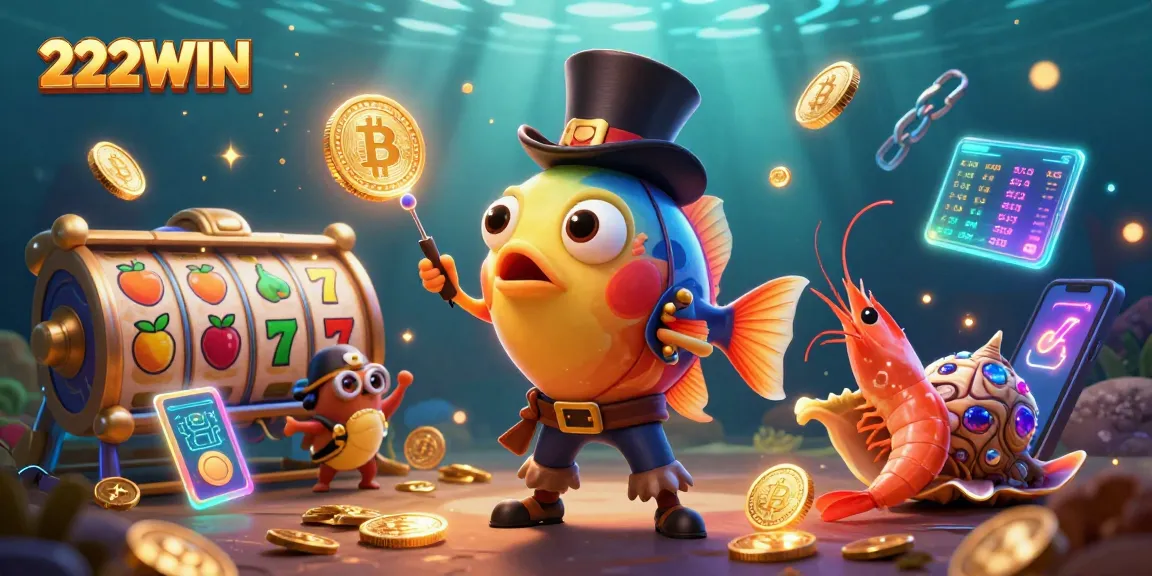 Experience the thrill at 222WIN with a vibrant casino-themed 3D scene full of colorful slot symbols.