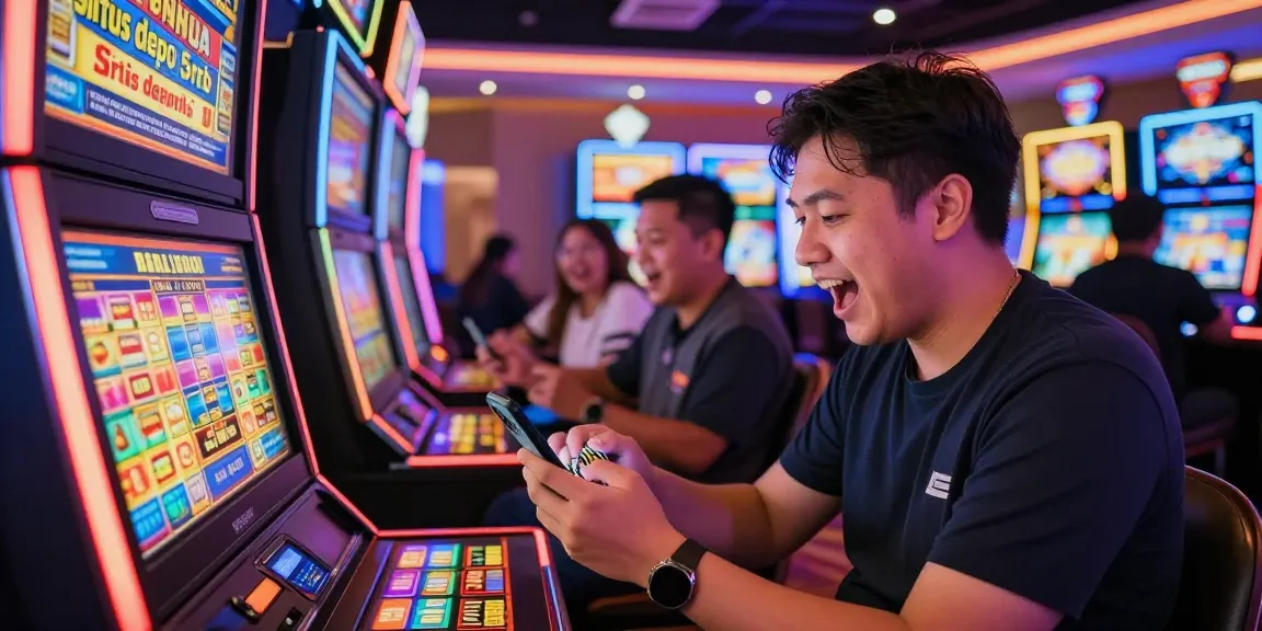Excited player at a colorful casino slot machine exploring situs depo 5rb options.