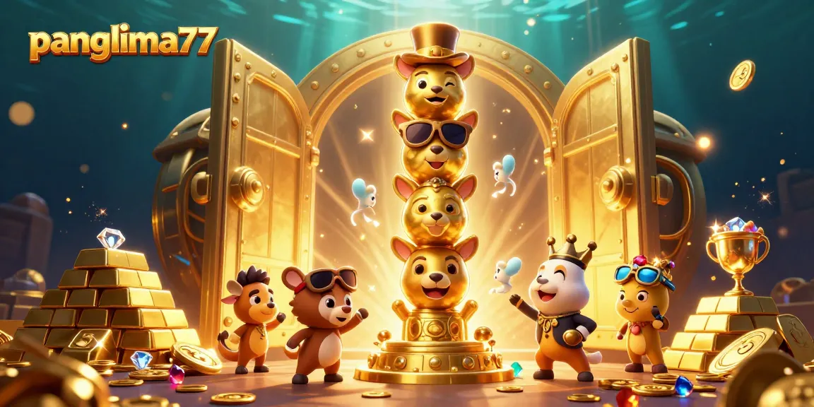 Panglima77 showcases a vibrant casino scene with a golden totem pole and treasure elements.