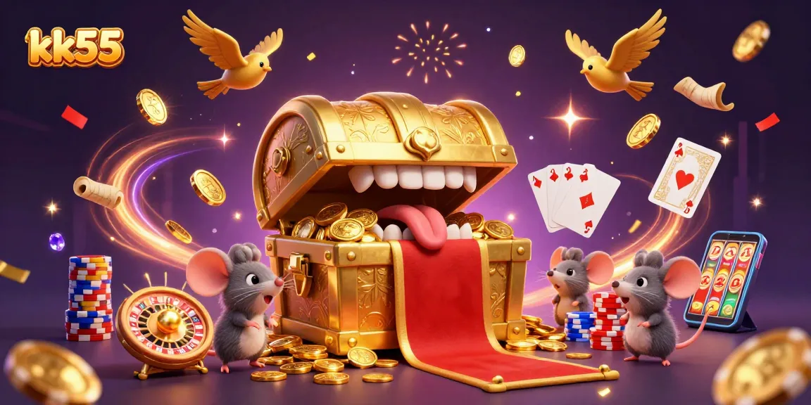 Experience thrilling gameplay with kk55's enticing treasure chest and vibrant casino elements.
