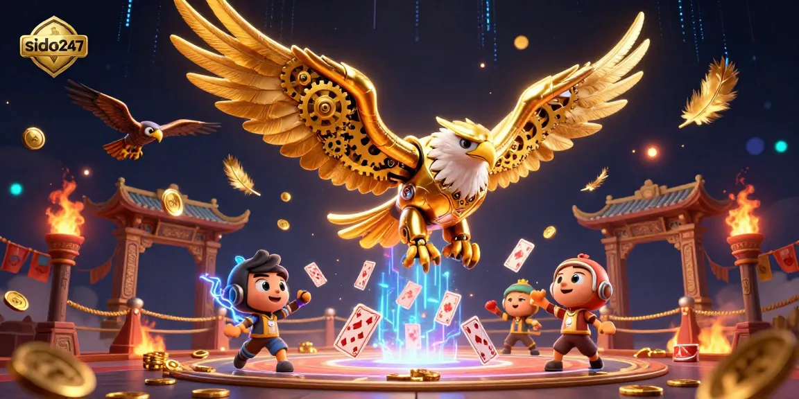 Experience the thrill of sido247 with the golden eagle diving through holographic cards in this dynamic casino scene.