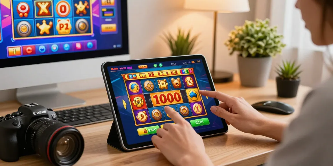 Engaging gameplay on a tablet featuring a slot deposit 1000, showcasing vibrant slots and promotions in a cozy workspace.
