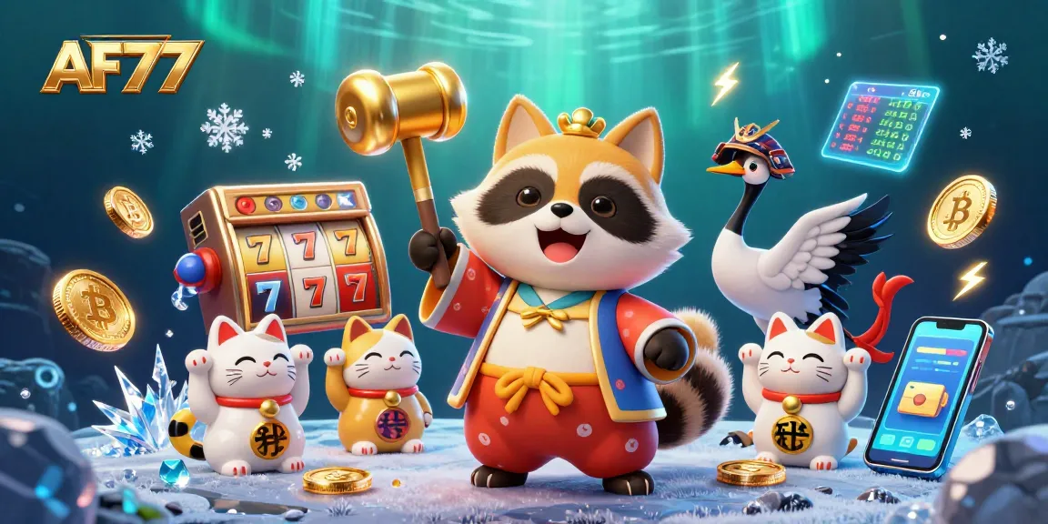 Win big with AF77 in this vibrant casino scene filled with lucky symbols and characters.