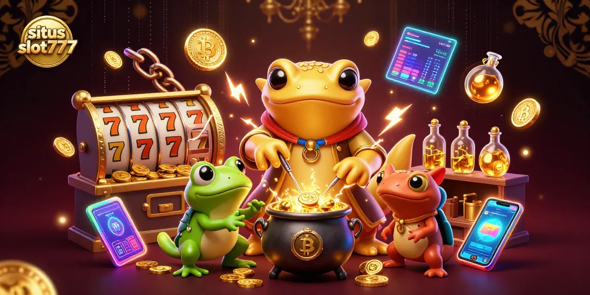 Situs slot777 features a vibrant scene with alchemists transforming materials into winnings, highlighting online gaming excitement.