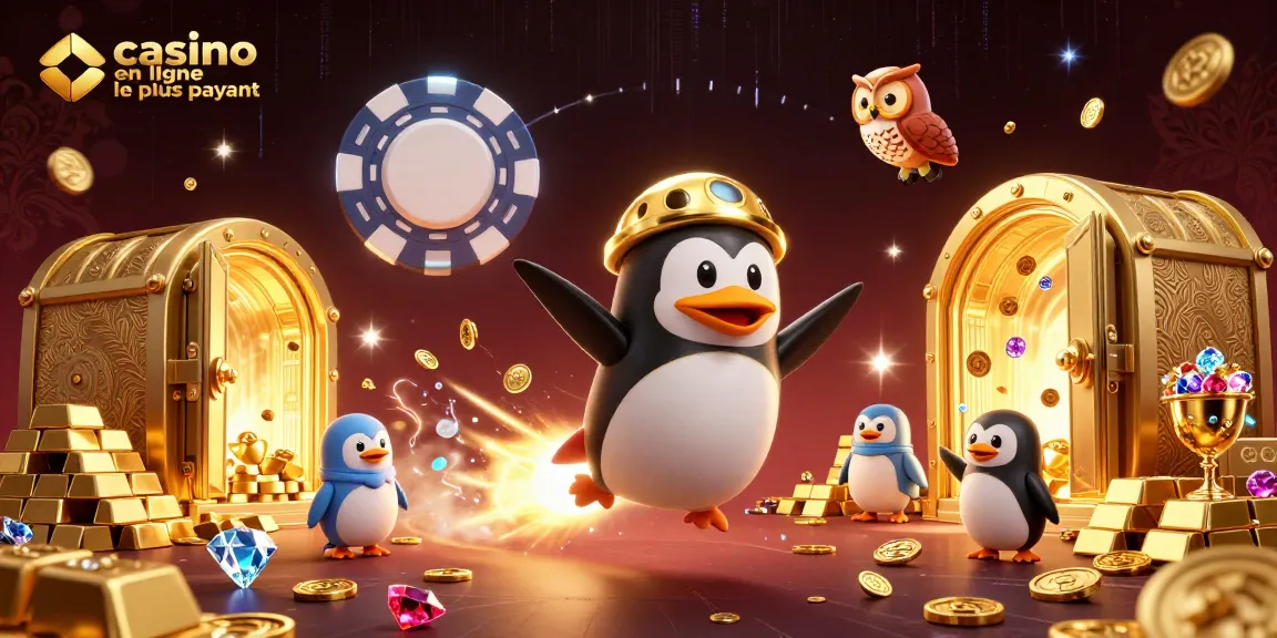 Visualisation dynamique d'un casino en ligne le plus payant, avec un pingouin en or s'envolant vers des trésors.